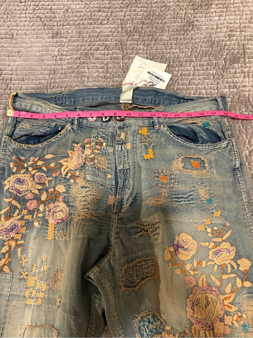 Magnolia Pearl Embroidered Patchwork Blue Jeans with Pink & Cream Florals - Picture 10 of 16